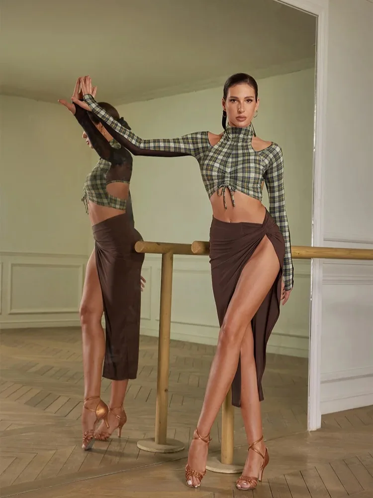 ZOOM Latin Dance Split Skirt With a Side Knot Beautiful Cut Out Show Long Legs Latin Dancing Costume ZYMdancestyle #2225