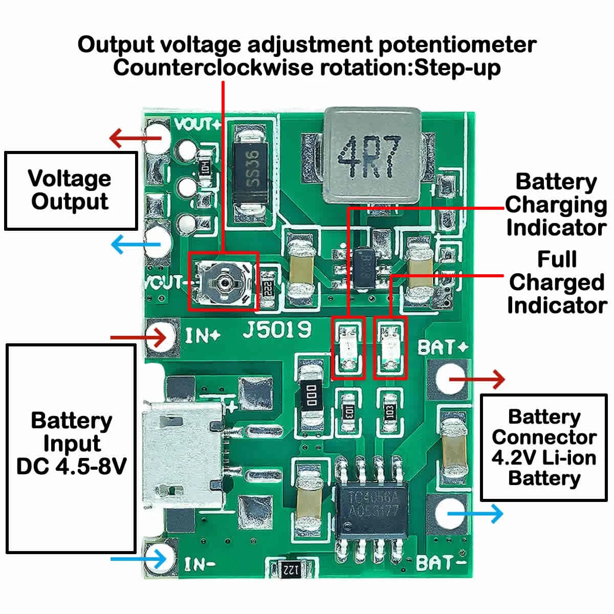 2PCS 3.7V 4.2V to 9V 5V 2A Charge Discharge Integrated Step Up Module Adjustable 18650 Lithium Li-ion Battery Charger Module