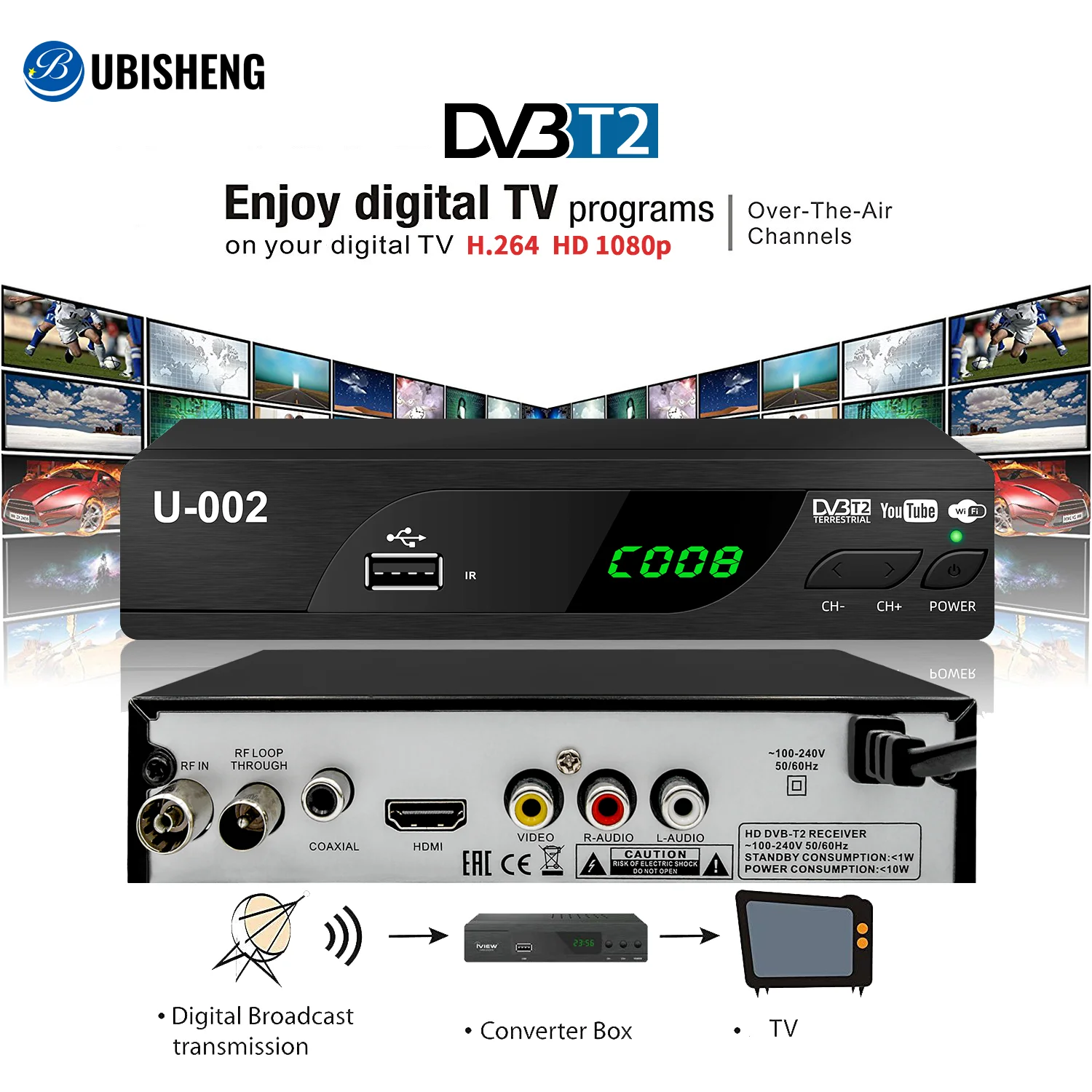 Ubisheng U-002 Dvb T2 Digitale Tv Decoder Hd 1080P Digital Terrestrial Tv Ontvanger H.264 Decoder Wifi Antenne Combo Set top Box