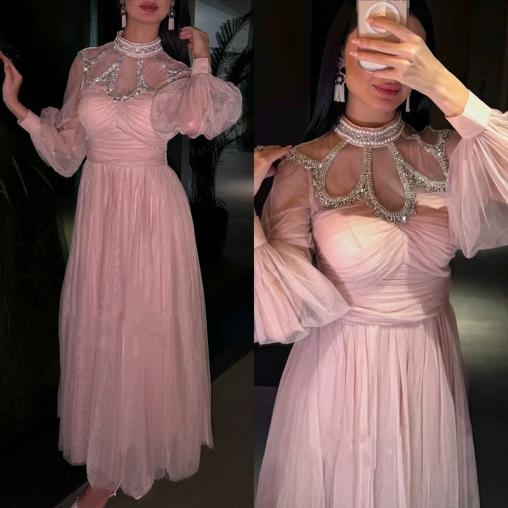 Personalizado intrincado elegante gasa plisado rebordear diamantes de imitación perla A-line cuello alto vestidos Midi vestidos de noche de alta calidad