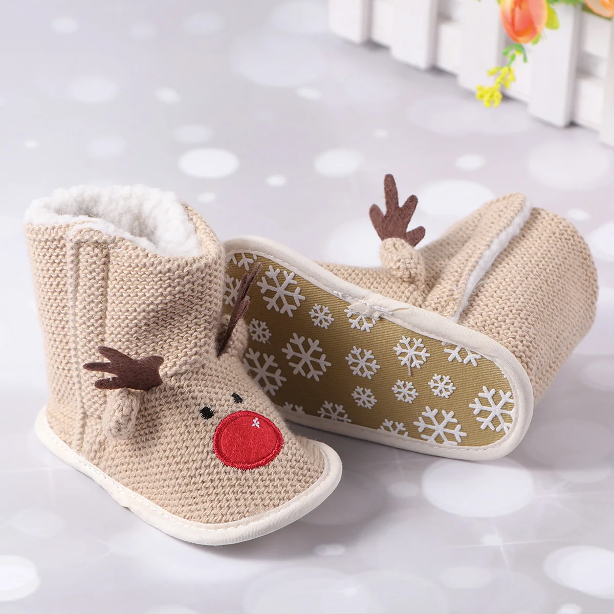 

Baby Christmas Elk Pattern Cotton Shoes Warm Bottom Boots Non-Slip Infant Beige Size 1 13cm Soft Winter Shoes Baby's Boots