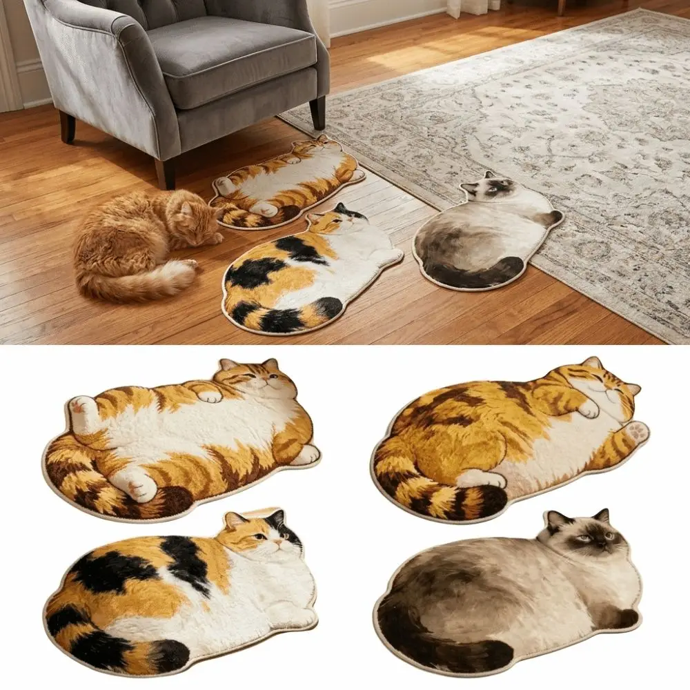 Soft Surface Cat Shape Floor Mat Crystal Velvet 2D Printed Entryway Door Mat Cool Floor Barrier Easy Clean Bedside Carpet
