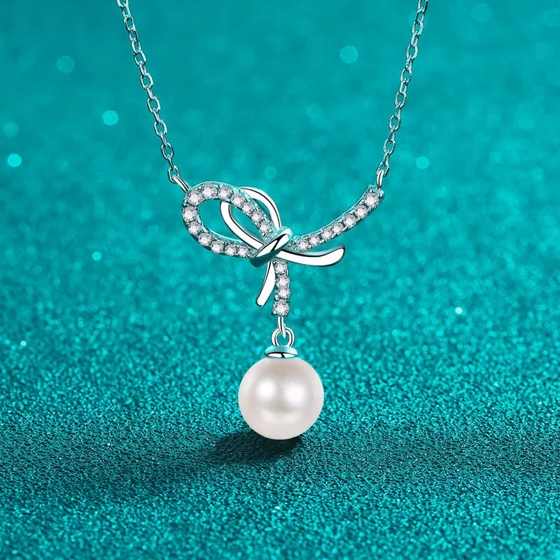 

Муассанит Plata стерлингового серебра 925 пробы жемчужная цепочка ожерелье женский кулон с бантом милые ювелирные изделия подарок на день