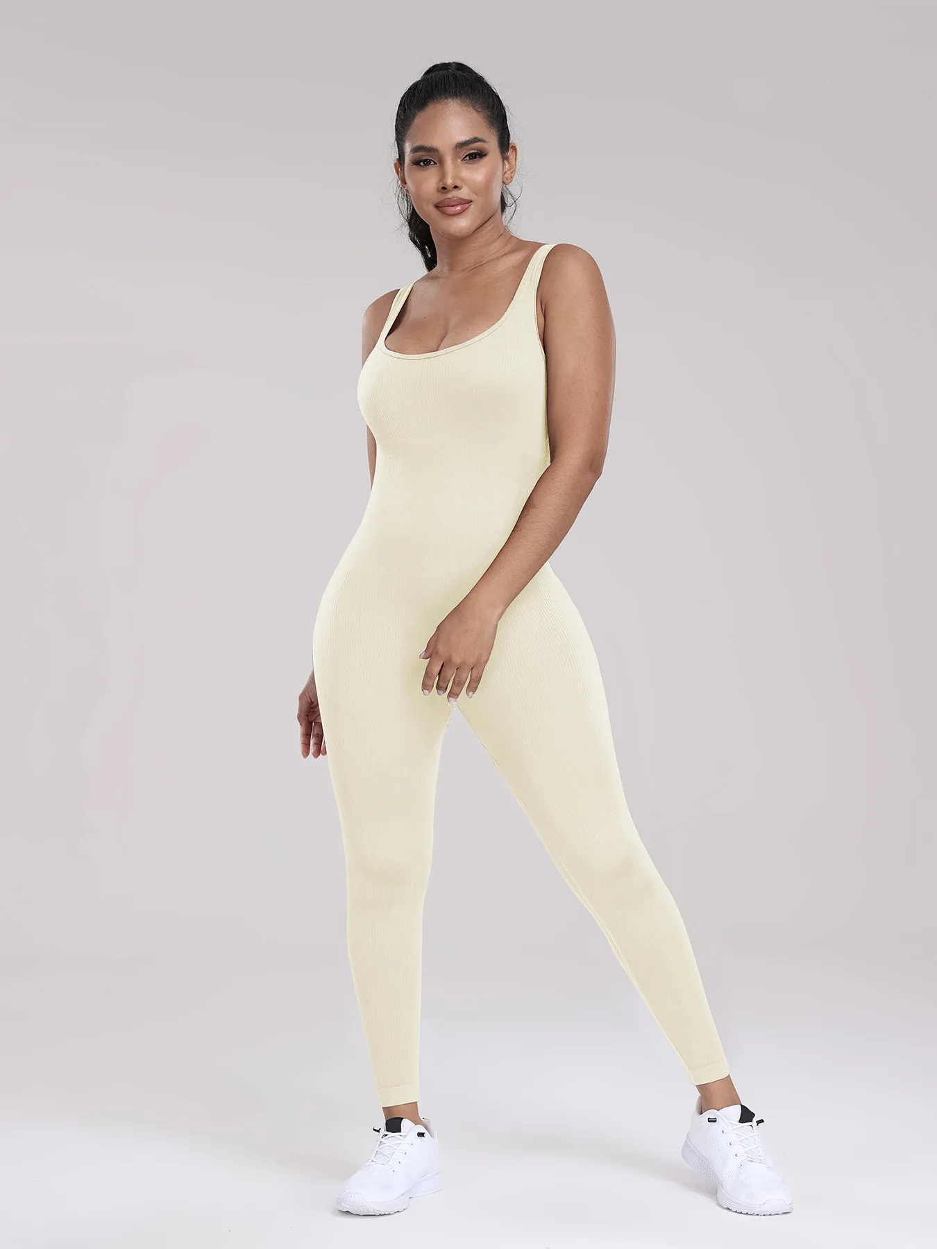 Women's Seamless Ribbed Square Neck Jumpsuits One Piece Yoga Workout Sleeveless Rompers Ladies Sexy Gym Fitness Tank Top Legging