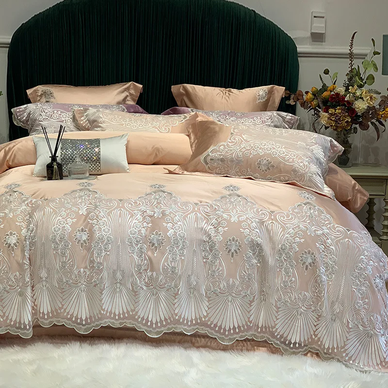 Korean lace girl high-end 120 long-staple cotton satin silk cotton four-piece set model room bedding