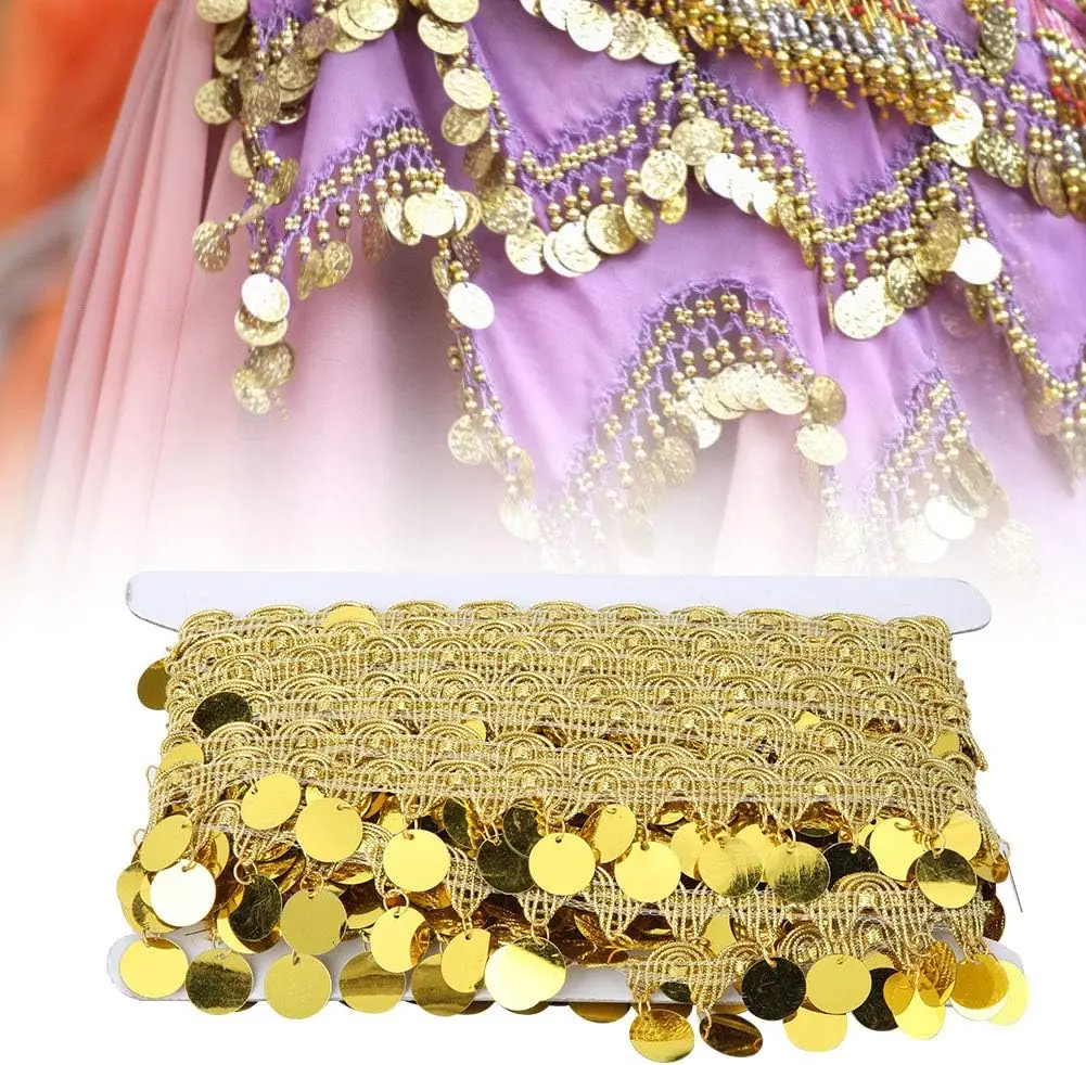 Gold Fringe Trim,110 Yards Sequin Trim Tassels for Sewing,Tassel Belly Chain,Belly Dance Chain Sequin, Belly Dance Tassel Belt