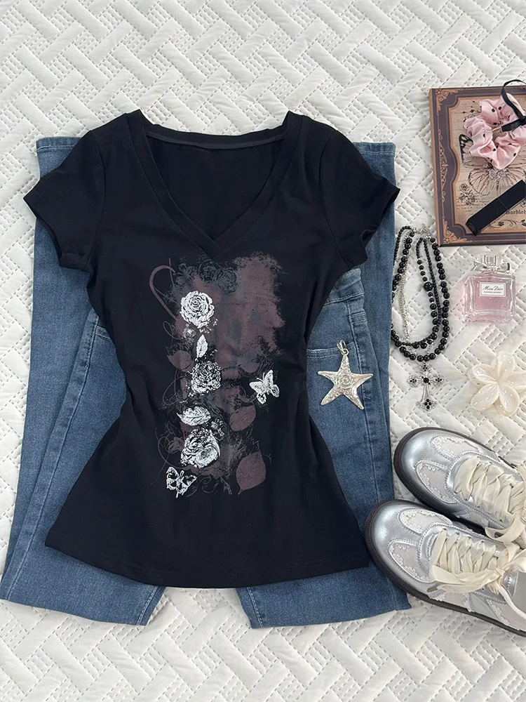 

Floral Original Y2K American Retro Bla Print T-irt Waist-Cinching Slimming Top Summer Casual Sle ort Sve Cotton Blend