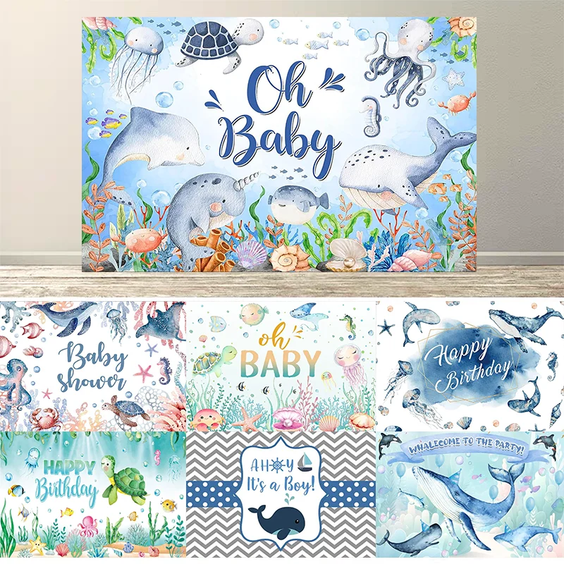 Banner-Hintergrund „Unter dem Meer“, blauer Ozean, Dekoration für Jungen und Mädchen, Fotografie-Hintergrund, niedliche Schildkröte, Wal, Babyparty-Dekoration