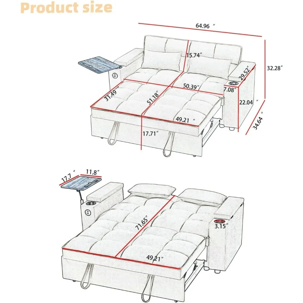 Divano letto queen size convertibile. Divano moderno in tessuto ciniglia con letto estraibile e tavolino girevole a 360 gradi per