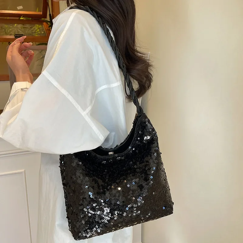 

Fashion Sequined Bucket Bag for Women Hand-Held Shoulder Handbag Trendy Women's Purse Glitter Clutch Purse