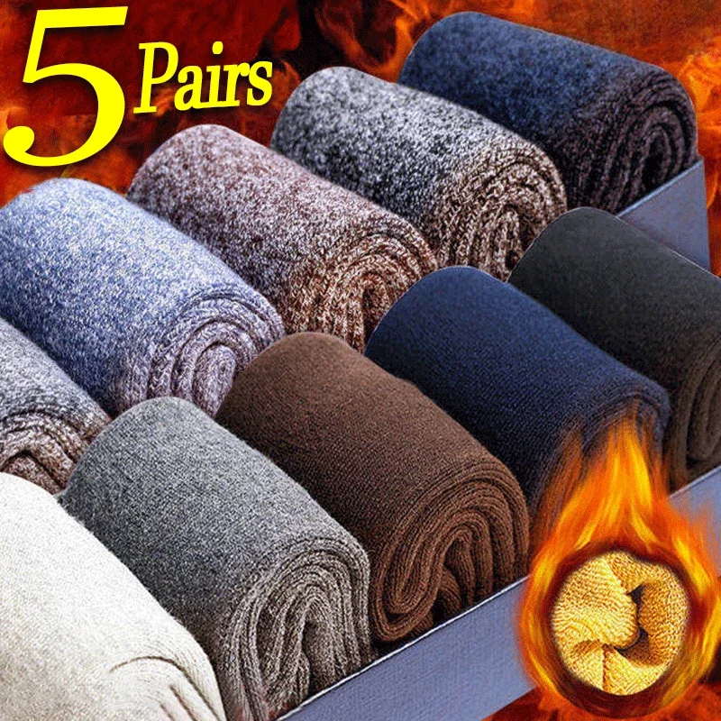 5Pairs Wool Socks Mens Thermal Hiking Socks Merino Warm Winter Socks Soft Crew Towel Sock Cotton Against Cold Sox Size 38-45