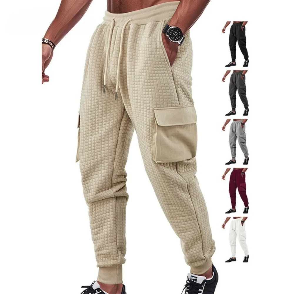 

New Autumn Winter Men's Thick Sweatpants Multi-Pocket Solid Waffle Plaid Cargo Pants for Men Drawstring Waist Casual Trousers