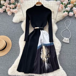 Elegant Chic Print Patchwork Knit Dress French Long Sleeve Party A-line Vestidos High Waist Basic Slim Women Autumn Winter Dress