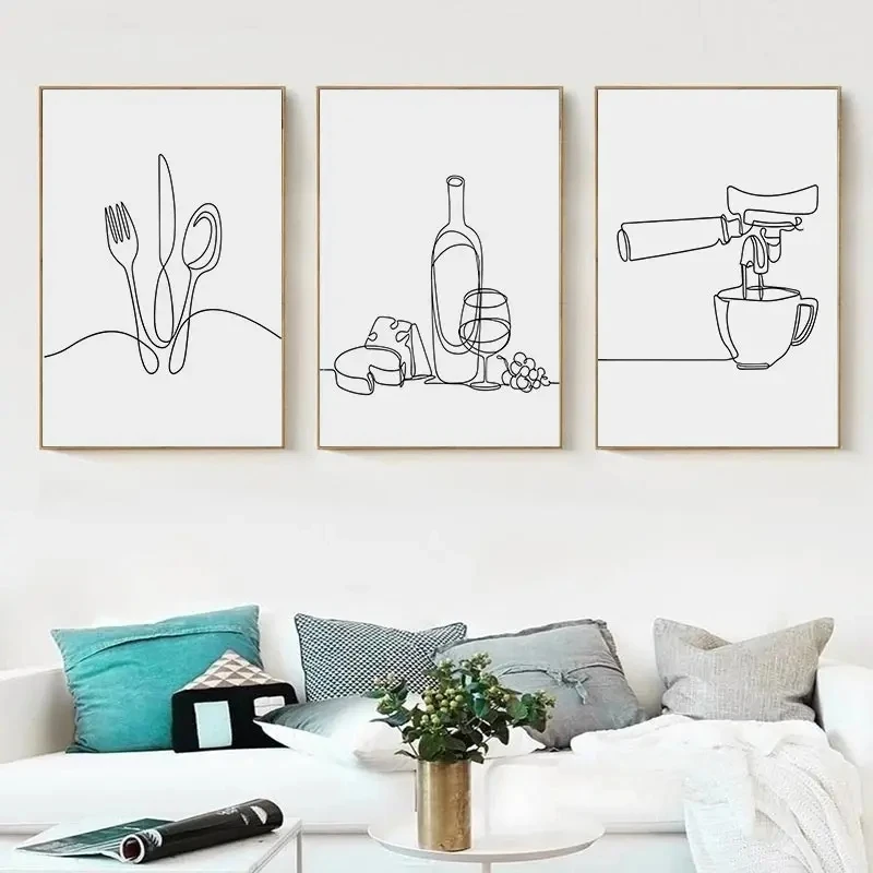 Frameless Minimalist Black and White Lines Kitchen Mural Wine and Cheese Coffee Tableware Poster Canvas Painting Restaurant Room