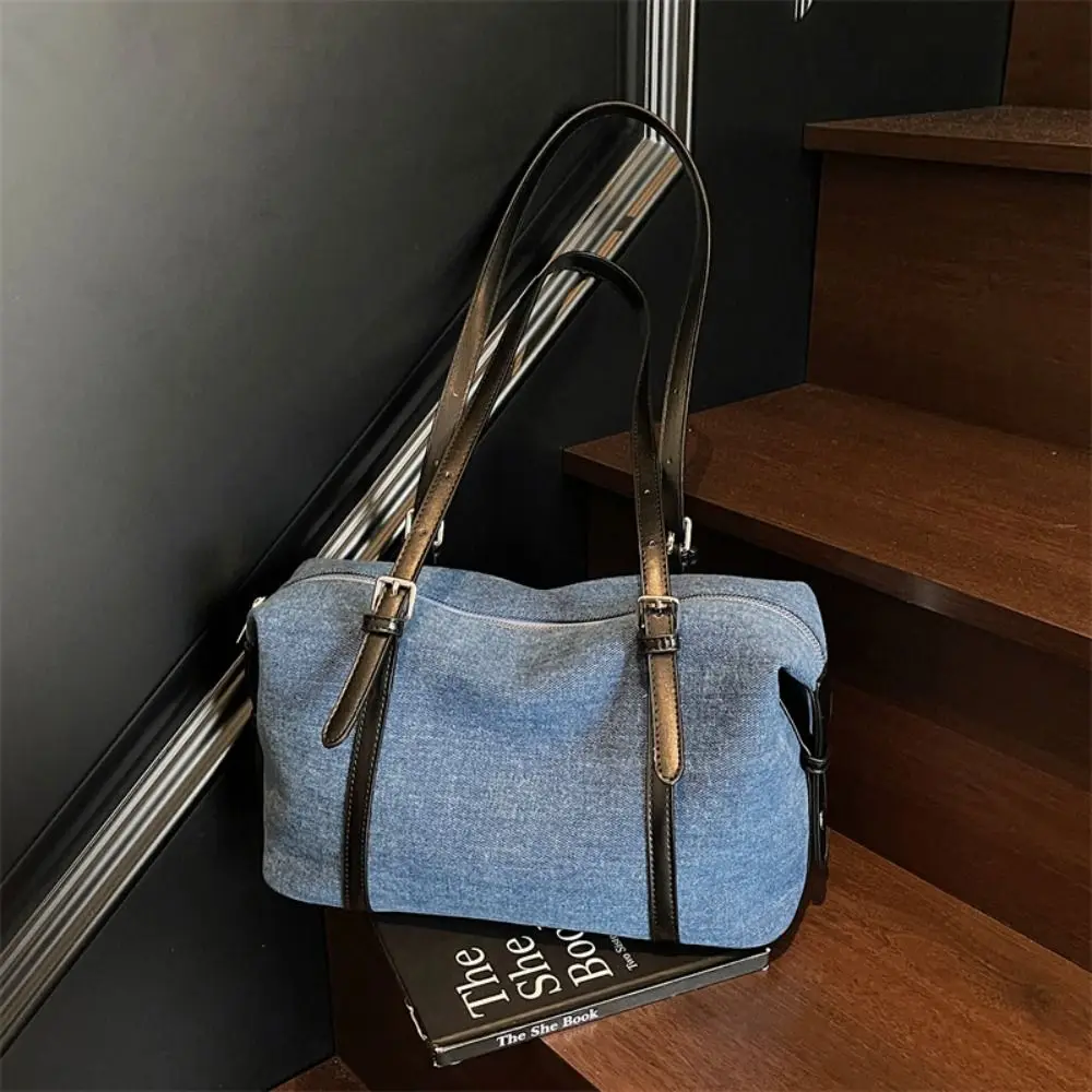 

Korean Style Denim Tote Bag Solid Color PU Leather Large Capacity Handbag Ethnic Style Large Capacity Underarm Packs Travel