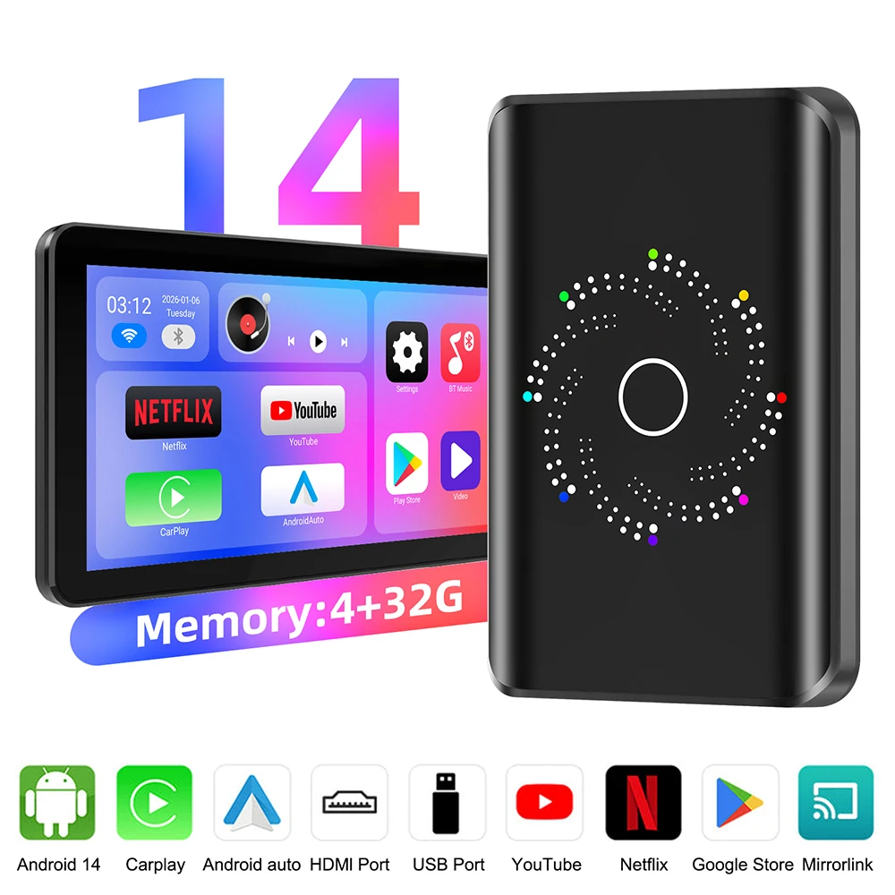 

2026 3in1 Android 14.0 CarPlay Ai Box Wired to Wireless Auto USB WIFI Adapter For Youtube Netflix Universal TV Box Plug And Play