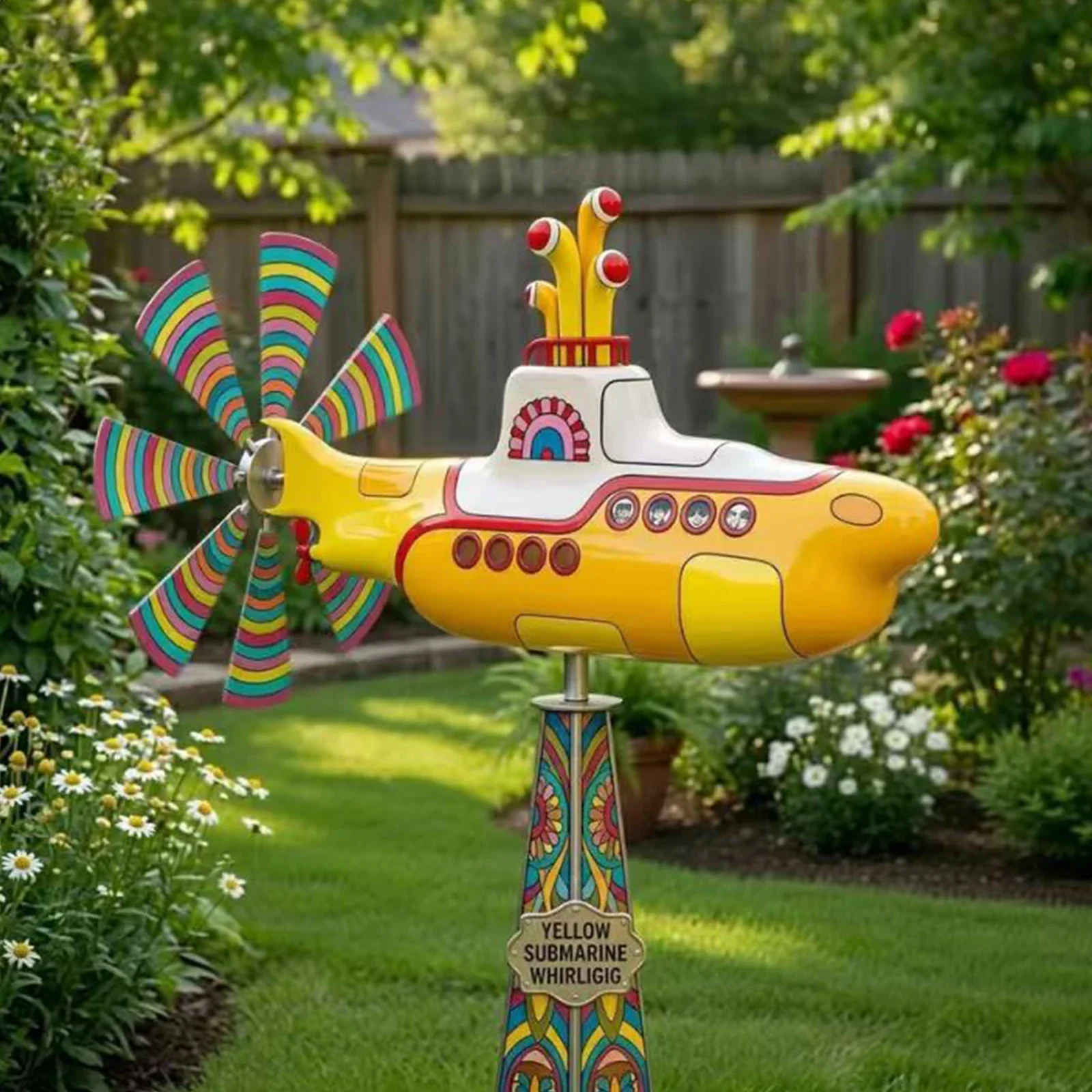 85cm Outdoor Garden Yard Decoration Yellow Submarine Whirligig Wind Spinner Inspired Windmill for Patio Lawn Flowe