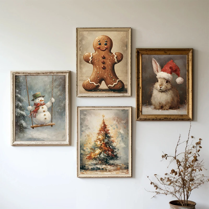 Vintage Holiday Christmas Winter Snowman Gingerbread Man Santa Claus Wall Art Posters Prints Canvas Painting for Room Home Decor