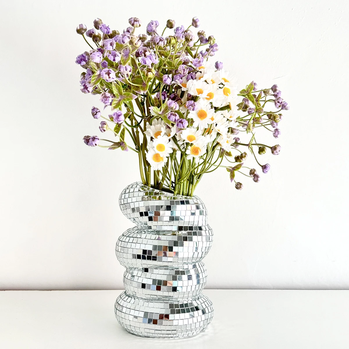 Disco Ball Spiral Vase Unique Glass Tiles Flower Bottle Disco Ball Planter Silver Mirror Vase Home Living Room Office Decor