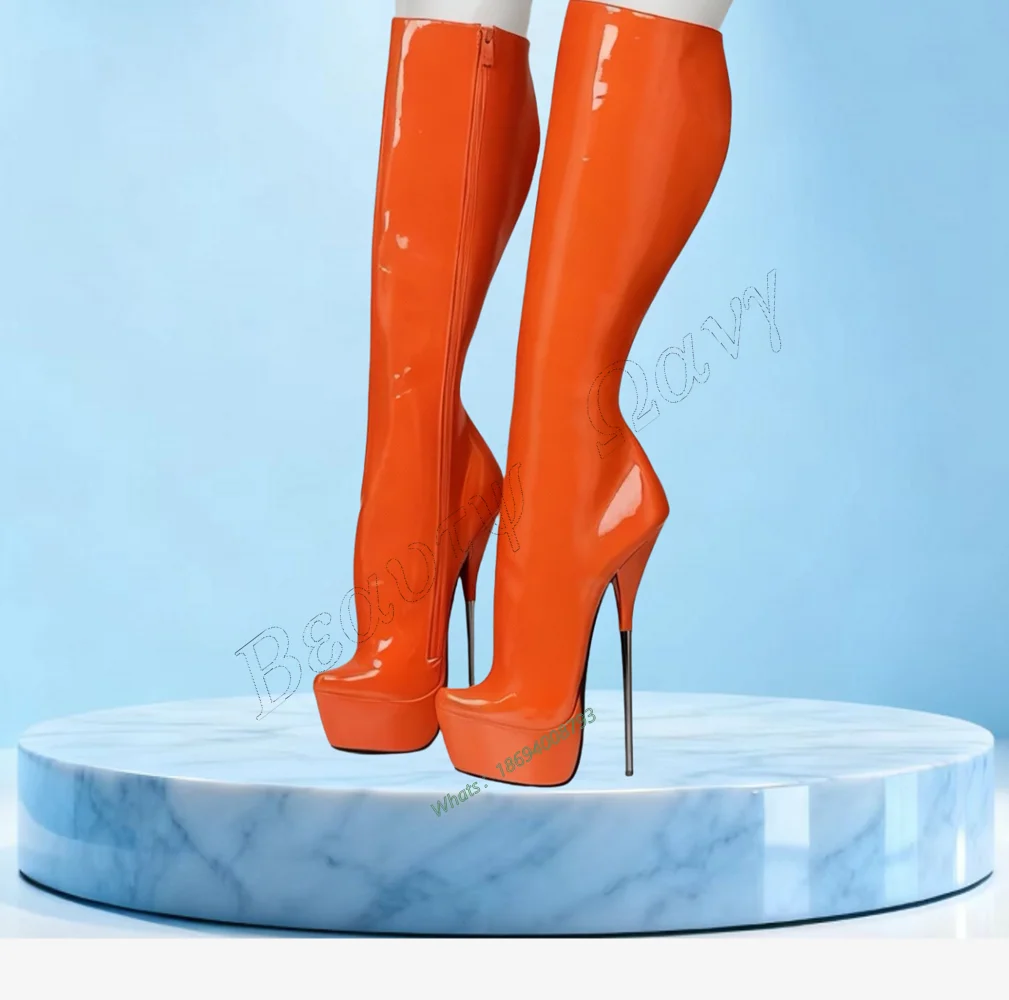 

Chentel Orange Metal Heel Boots Side Zipper Knee High Solid Thin Spike High Heel Shoes Women Shoes New Zapatos Para Mujere
