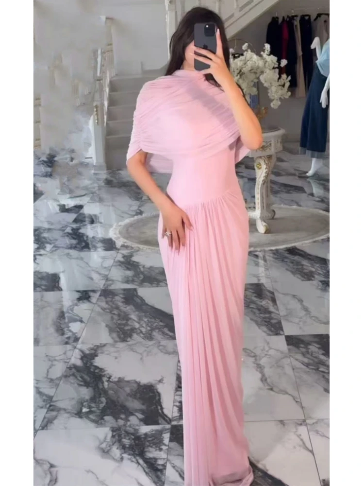 Pink Elegant Mesh Shawl Ruched Asymmetrical Maxi Women Dress Summer Light Blue Slim Party Dress Female Chic Evening Prom Gowns