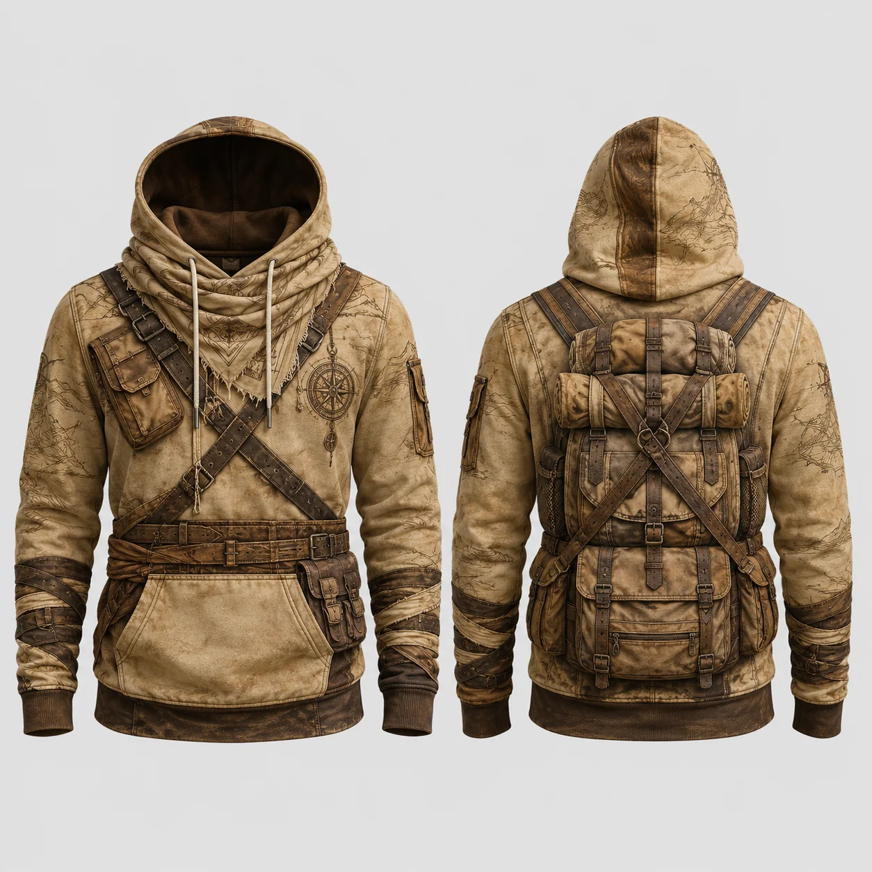 2027 Vintage Explorer Utility Hoodie Men Khaki 3D Sublimation Print Flat Graphic Pullover Sweatshirt Outdoor Streetwear