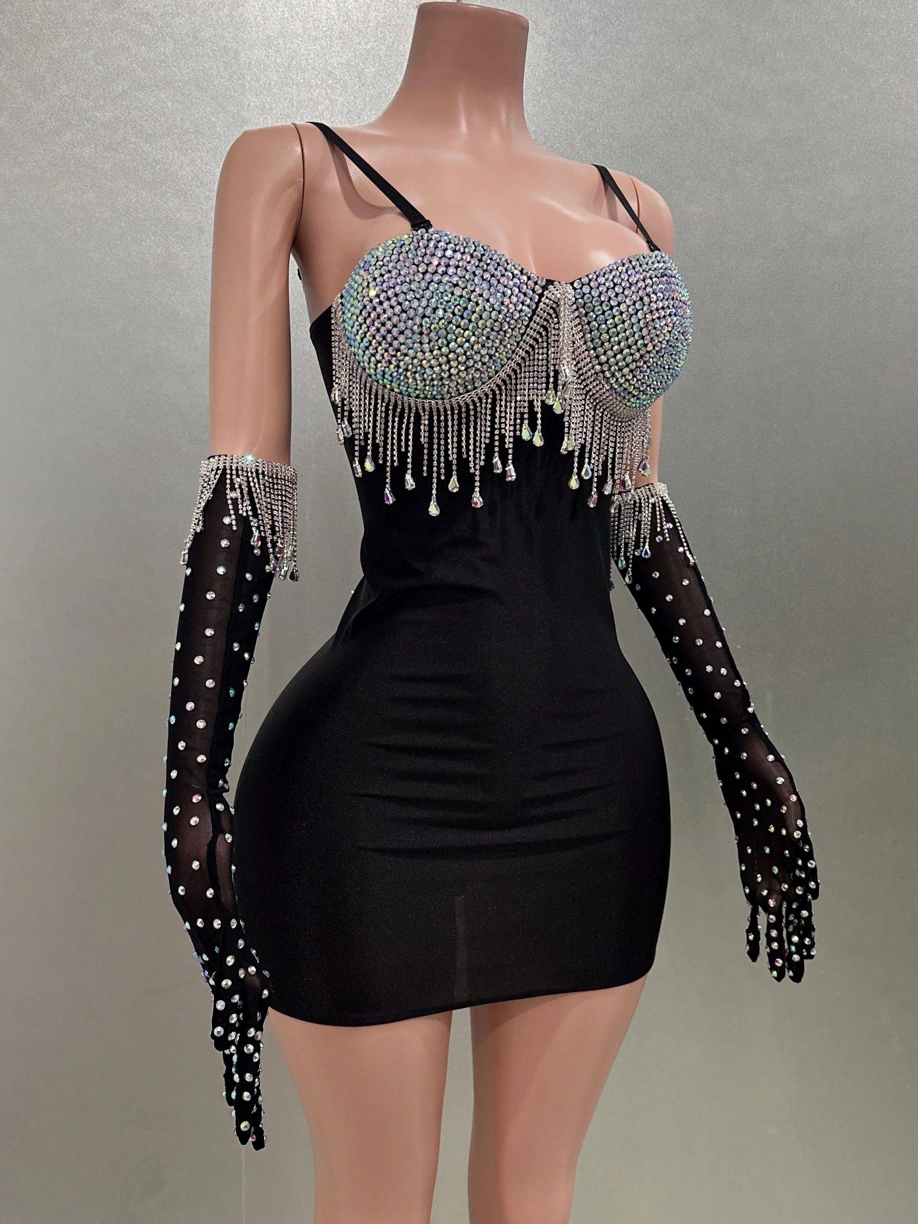 Flashing Diamond Tassels Black Velour Sexy Sling Sheath Dress Bar Nightclub Singer Stage Wear Evening Party  Performance Costume