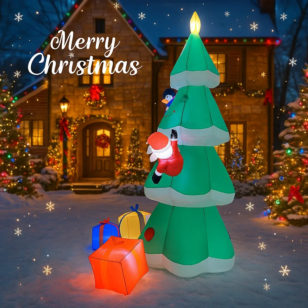 8.2FT Kerst Opblaasbaar Speelgoed LED Boom Set Kerstman Sneeuwpop Geschenkdoos Levert Thuis Ornament Feestelijk Cadeau Kerst Tuin Decoraties