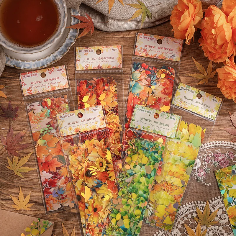 15 pcs Bronzing Long strip Autumn leaf fruit Stickers pack Adhesive Diy Scrapbooking Diary Album Junk Journal Supplies