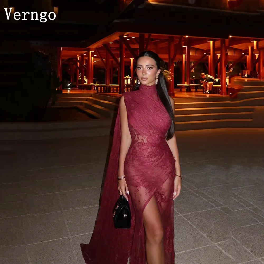 

Verngo Sexy Burgundy Lace Evening Dress O Neck Sleeveless Mermaid Prom Gown Side Slit Party Dress 2026Customized