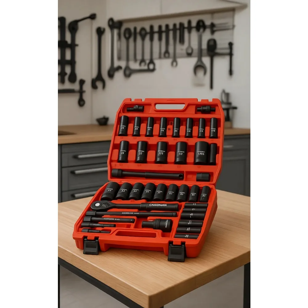 

38 Piece 1/2 Inch Drive Impact Socket Set SAE Metric Deep Standard with Extension Bars Adapters Ratchet CR-V
