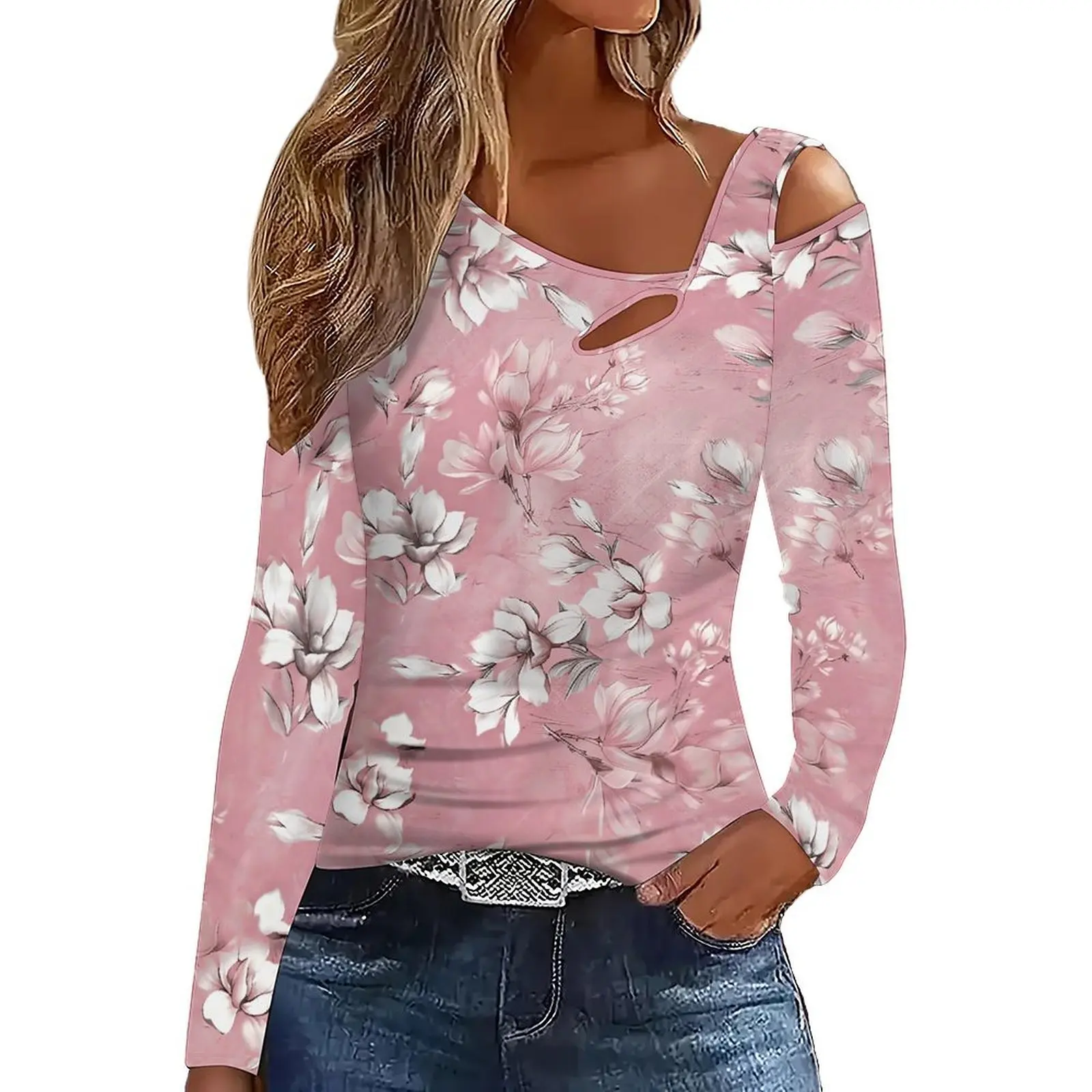 Elegant Directional Slanted Shoulder Long-Sleeved Off-Shoulder Fashion Elegant Women's Printed Top Everyday Fashion T-Shirt