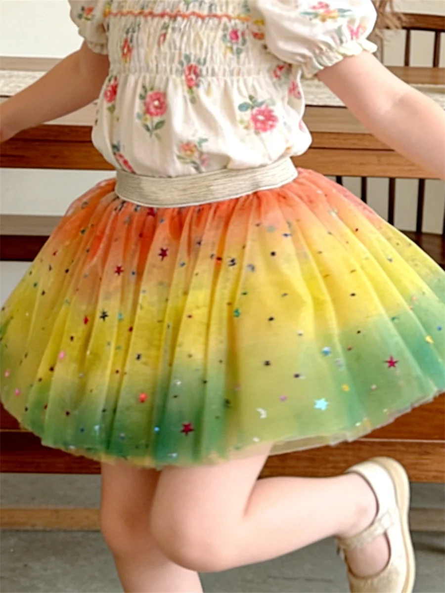 1-8Y Baby Girls Princess Skirts Elastic Waist Stars Moons Sequin Tulle Tutu Skirts Summer