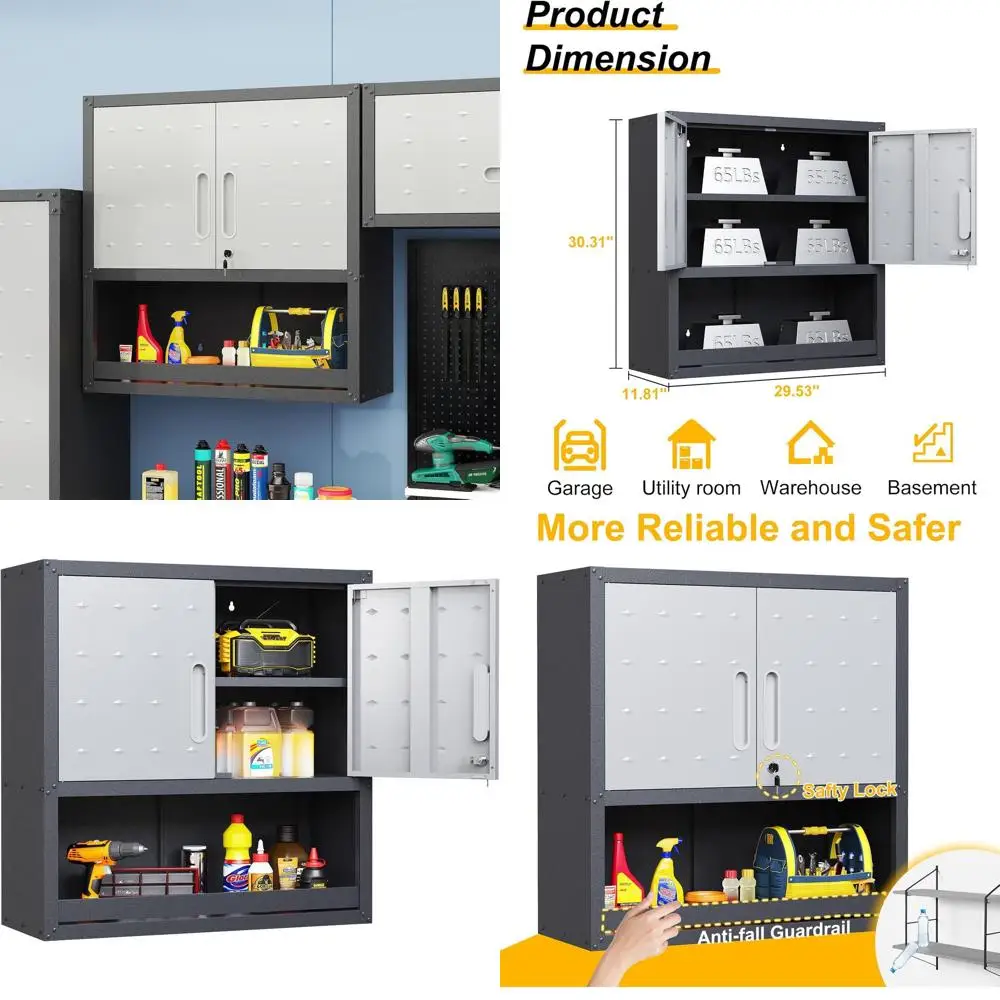 

Серый металлический настенный шкаф для хранения с запирающейся дверцей, открытой полкой и регулируемыми полками для гаража, мастерской, кухни и ванной комнаты