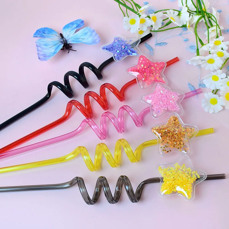 16pcs Five-Pointed Star-Shaped Spiral Straws with Glitter Accents – Drinking Straws and Five-Pointed Star Birthday Party Favors