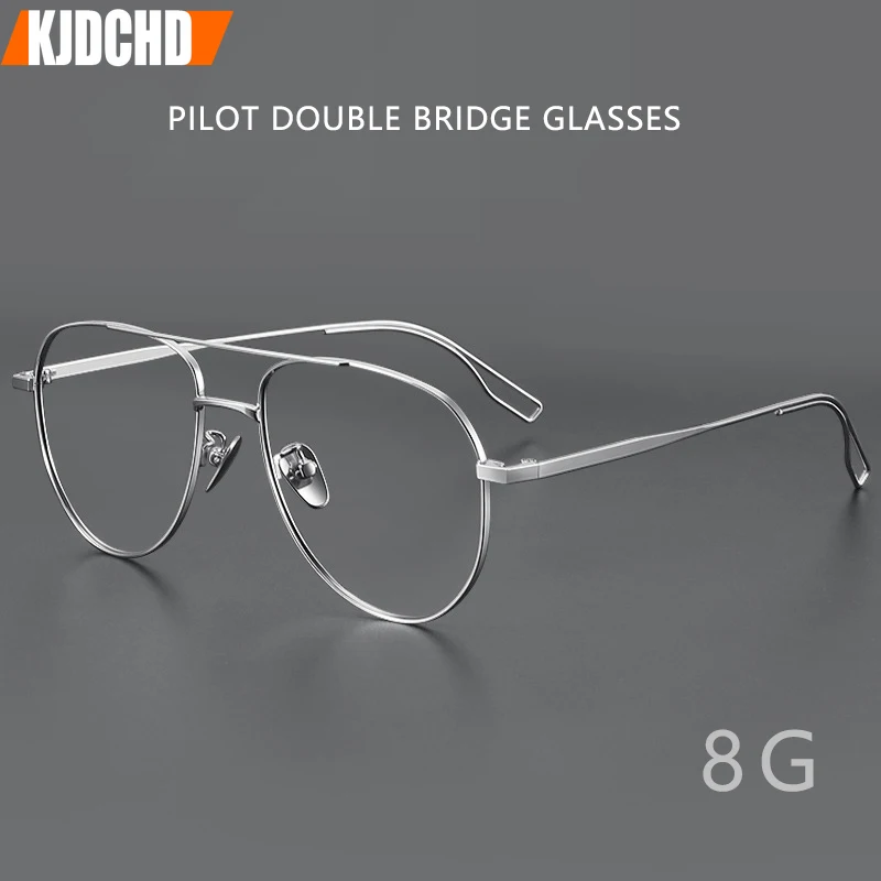 Moda Retro Pilot okulary z podwójnym mostkiem ultralekkie okulary z czystego tytanu optyczne oprawki na receptę męskie okulary w dużych rozmiarach 016