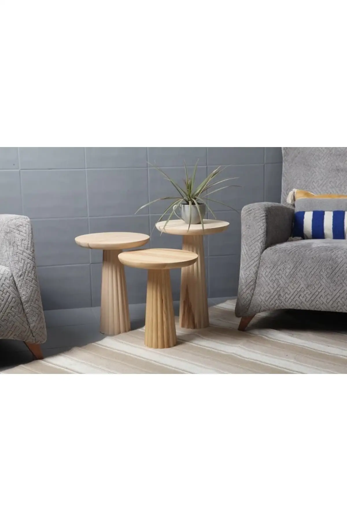 

DOLBOVI Wood 3'lü Set Ribbed Fungus Side Coffee Table Natural Fiskos Çiçeklik Coffee Table