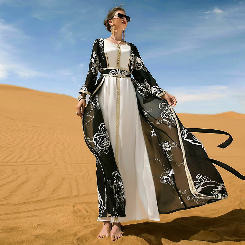 Ramadan Eid Open Kimono Abaya Dubai Arabic Turkey Islam Muslim Set Dress Abayas For Women Caftan Marocain Robe Musulmane Femme