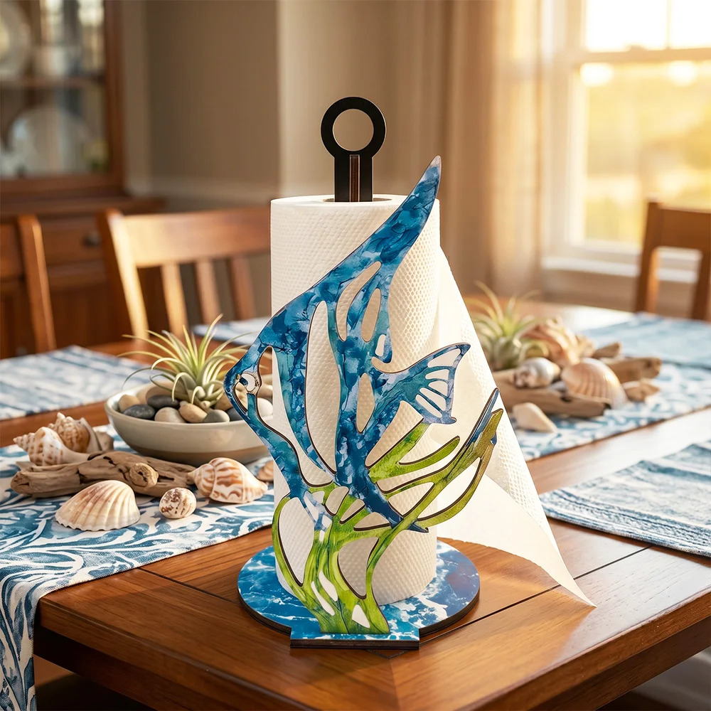 1 Pcs Nautical Wooden Paper Towel Holder - Ocean Fish Design - Freestanding Kitchen Counter Decor