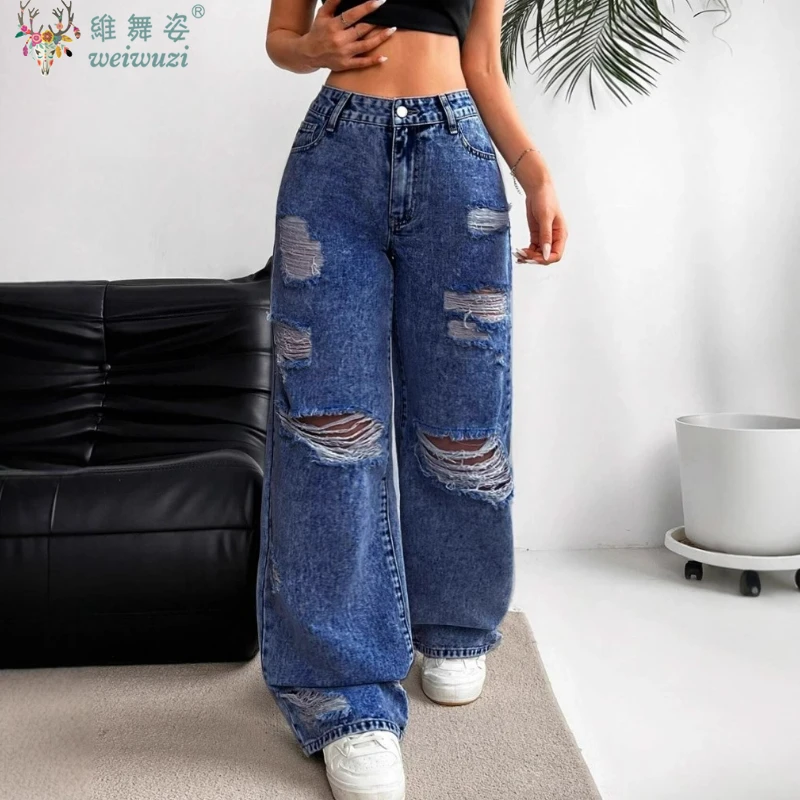 Women's Ripped Boyfriend JEANS Straight Wide-Leg Denim Pants Stretch Holes Denim Trousers Pocket Comfortable High Waist Pants