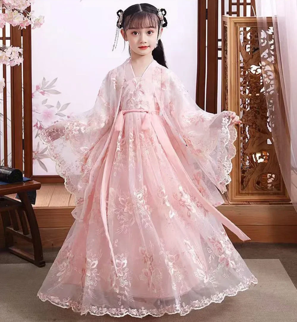 

Pink Lace Sleeve Summer Children Hanfu Vintage Kids Girls Dress Chinese Traditional Folk Dance Costume Ancient Outfit Cosplay