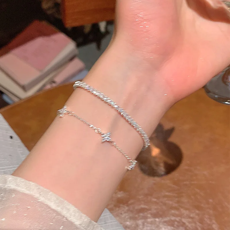 CZ Tennis Bracelet Set Women 2 Pcs Silver Color Clover Chain Pave Sparkly Stackable Elegant Fashion Jewelry Birthday Gift