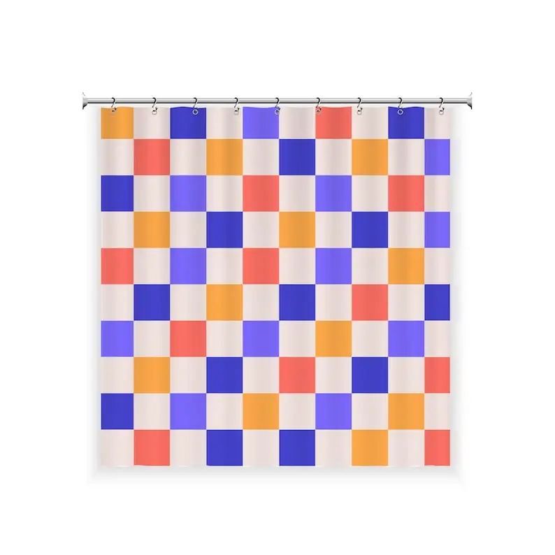 Checkerboard Color Block Shower Curtain, Colorful Geometric Bathroom Decor, Modern Retro Grid