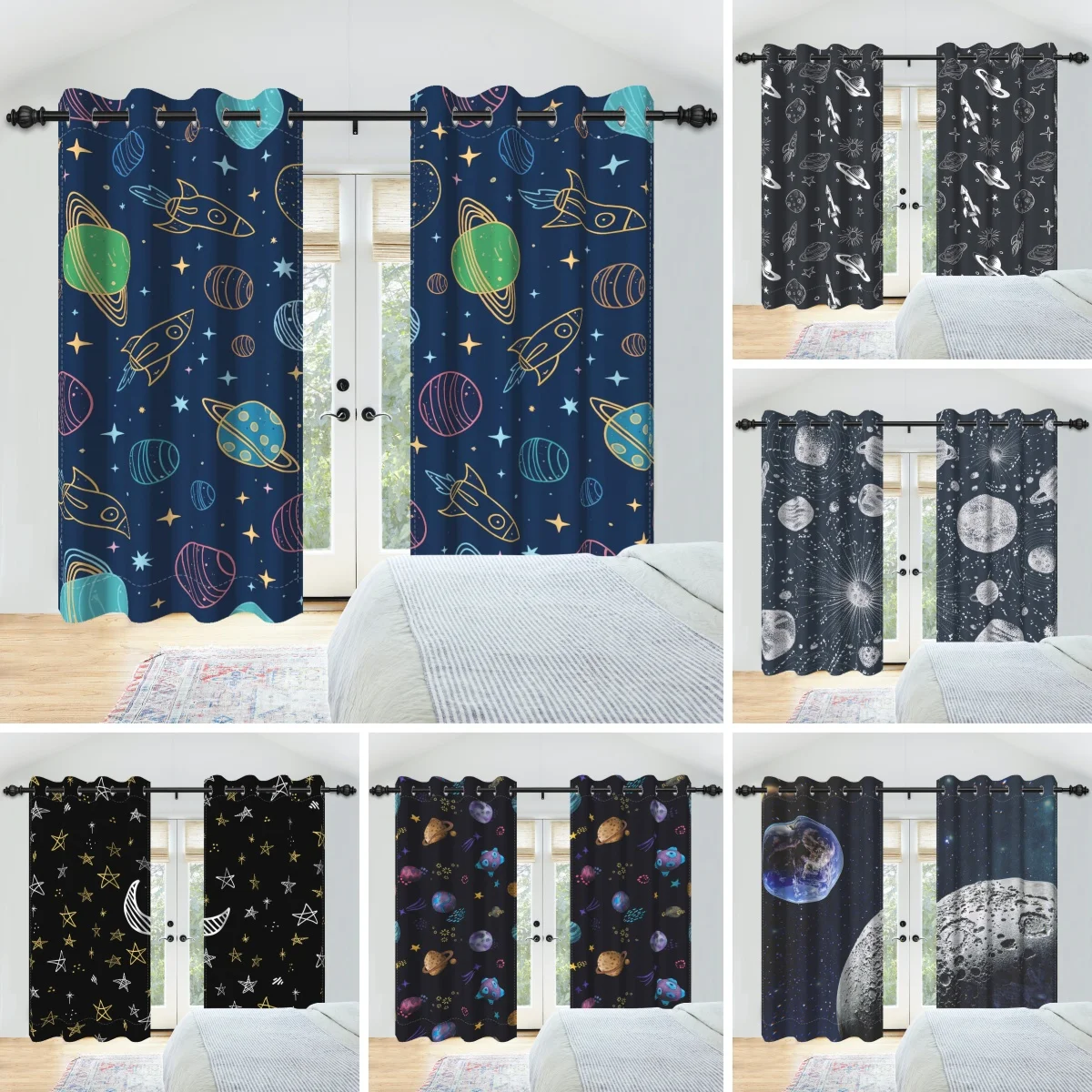 2pcs Outer Space Curtains Cartoon Astronaut and Solar System Theme Galaxy Window for Bedroom Living Room Decor Blackout Drapes