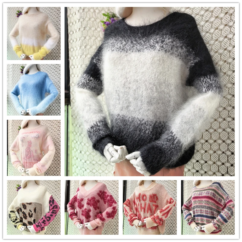

2026 Ladies Women Fashion Colored Hairy Fuzzy Mohair Wool Knitted O-Neck Long Sleeves Loose Pullover Sweater Jumper Pull Tops