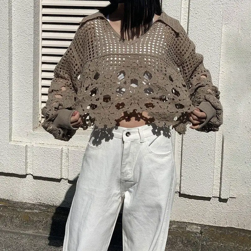 Spring 2026 Long Sleeve Knitted Hollow out Versatile Top Women's Fashion Casual Style Soft Medium Thickness  Color