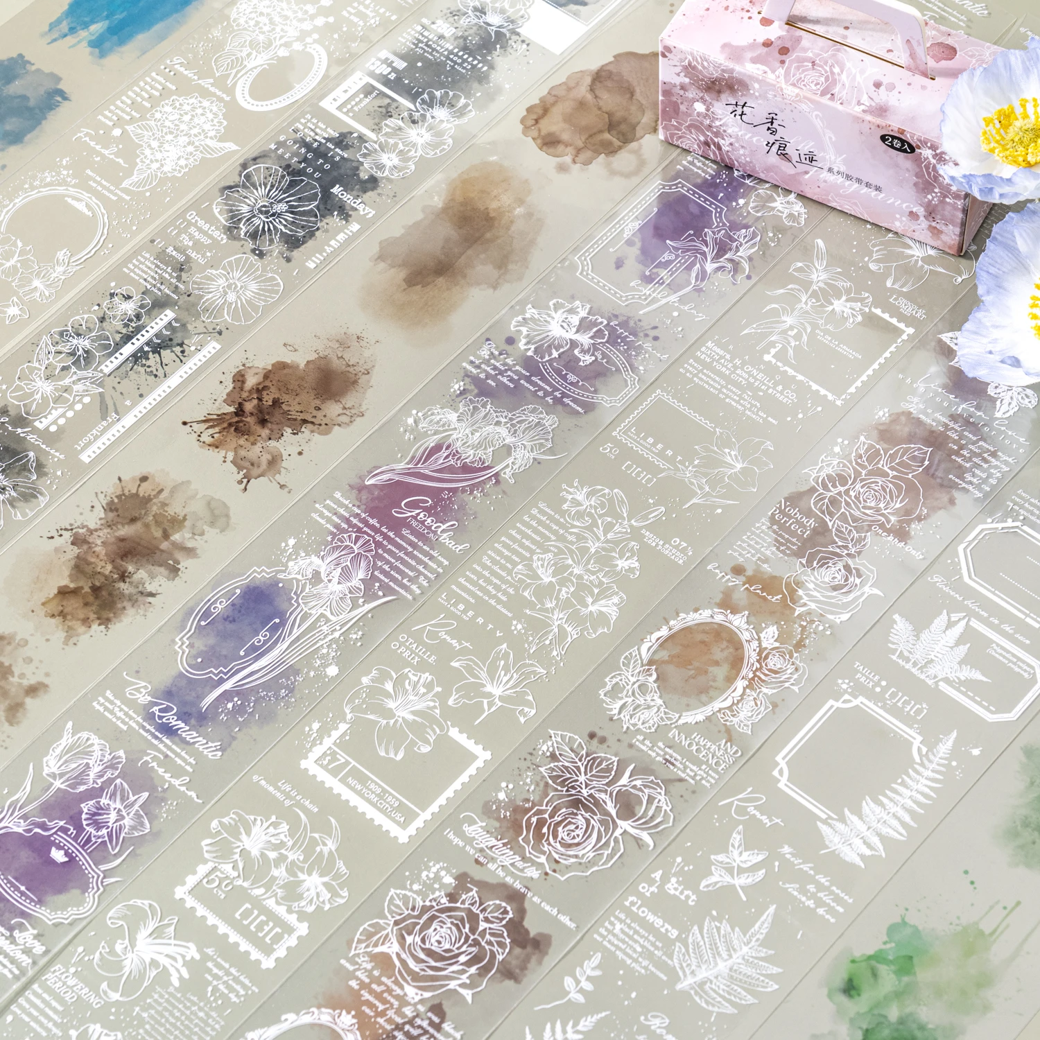 2 لفات الأزهار العطر آثار سلسلة خمر زهرة لطخة المشهد PET الشريط الإبداعية DIY مجلة المواد الكولاج القرطاسية