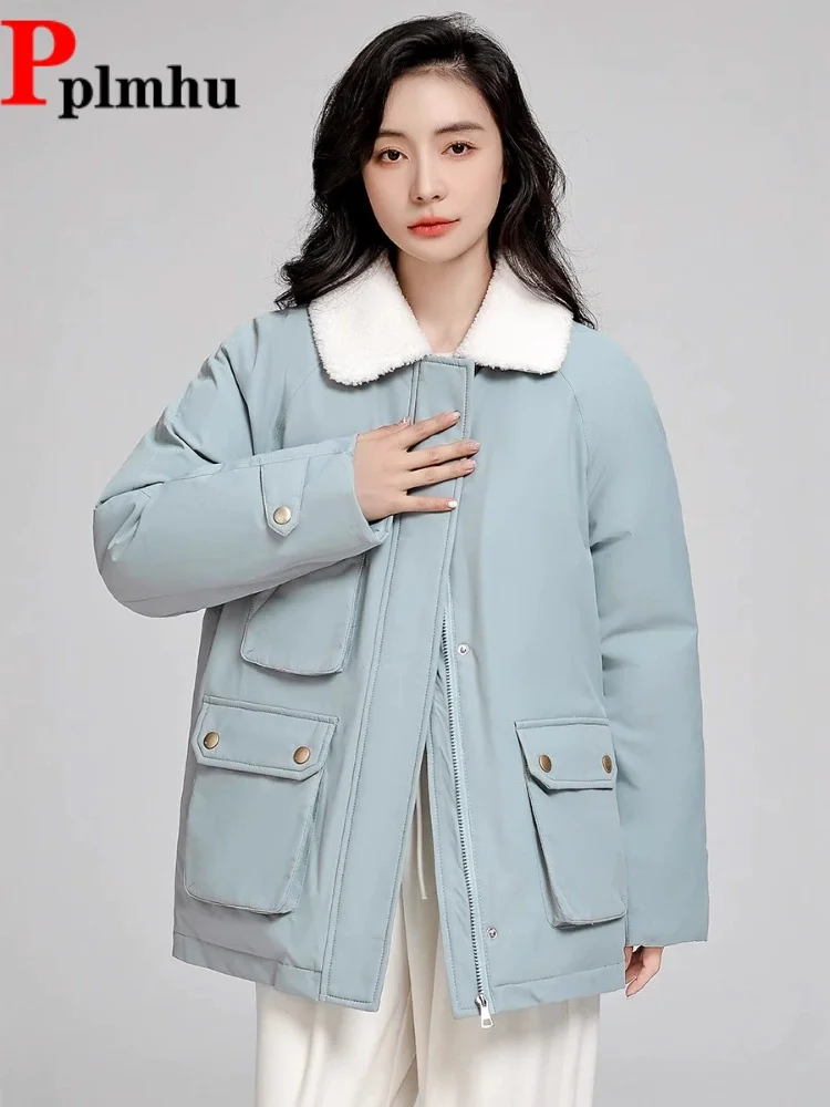 

Turn-Down Collar Korean Fashion Patchwork Jackets Women's Casual Baggy Warm Chaquetas Thickened Winter Long Sleeved Jaquetas