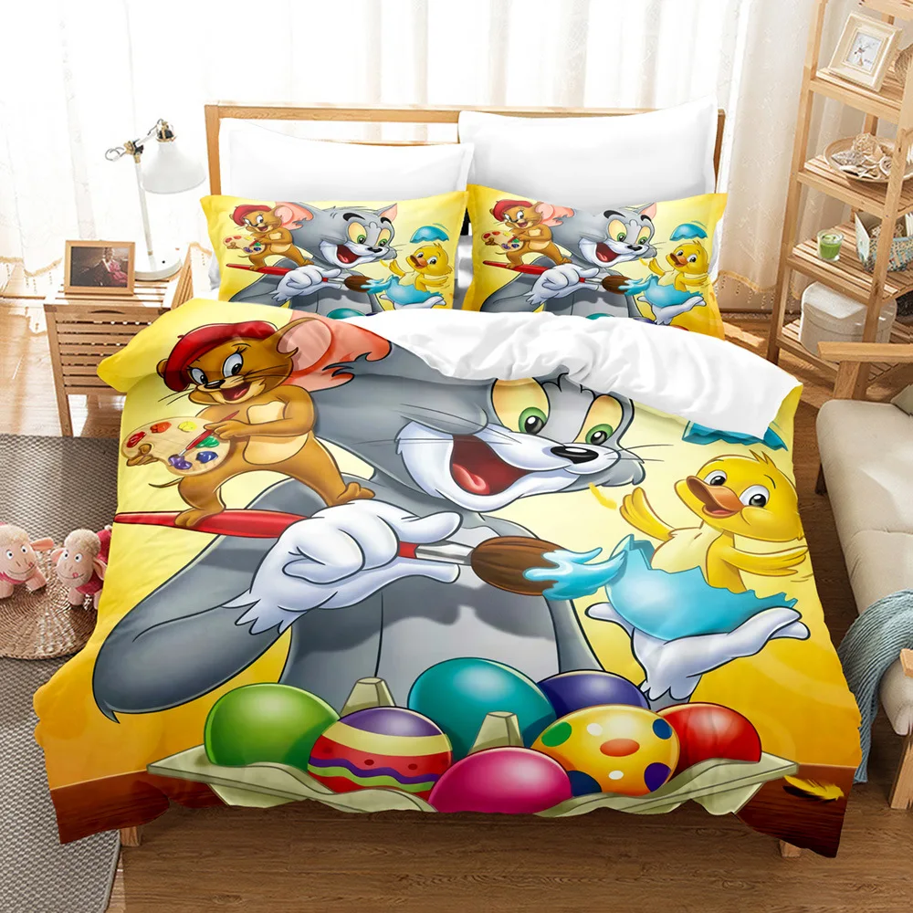 Tom and Jerry Creative Printed Pattern Pillowcase Duvet Cover Bedding Set Home Comfort Polyester 3-Piece Set Full Size