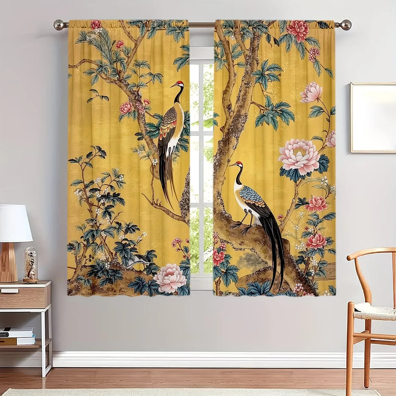 

2Pcs Curtain Elegant Chinese-Style Peacock Window Drapes for Bedroom Living Room Decoration Window Treatment.